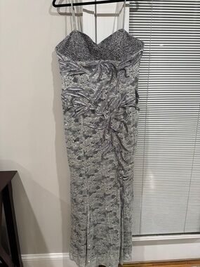 Silver Sequin Lace Evening Gown with Floral Appliqué